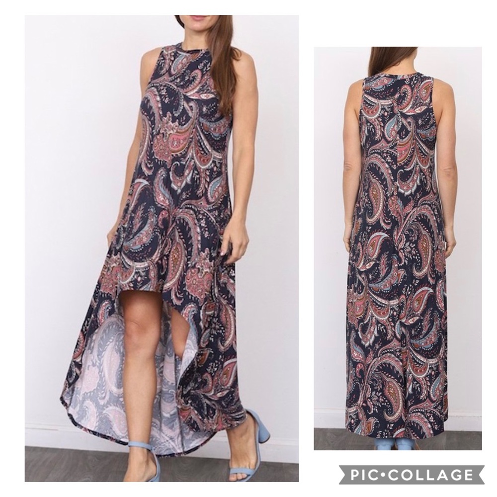 SOLD Navy Paisley Hi-Low Maxi Dress, M - Picture 1 of 1